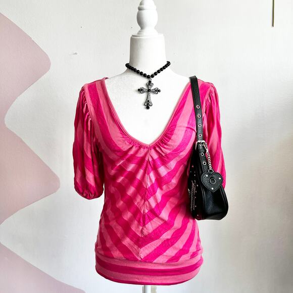 Pink Striped Y2K Top, Barbiecore, Coquette, 2000s, Bimbo, Retro, Small, Girly - Picture 1 of 7
